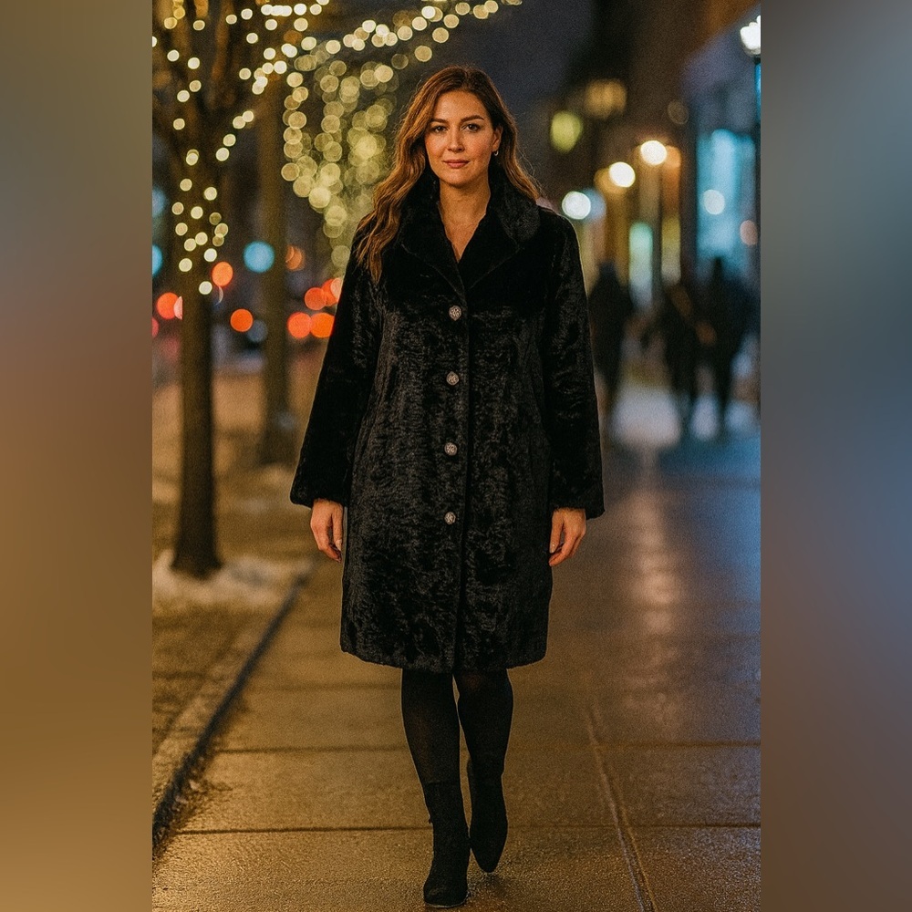 Donna Salyers Fabulous Furs Womens Black Grooved Faux Fur Coat Luxe Glam Size 2X